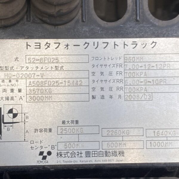 52-8FD25　フォークリフト　TOYOTA製　2008年製 中古建設機械 写真22（株式会社広建機）
