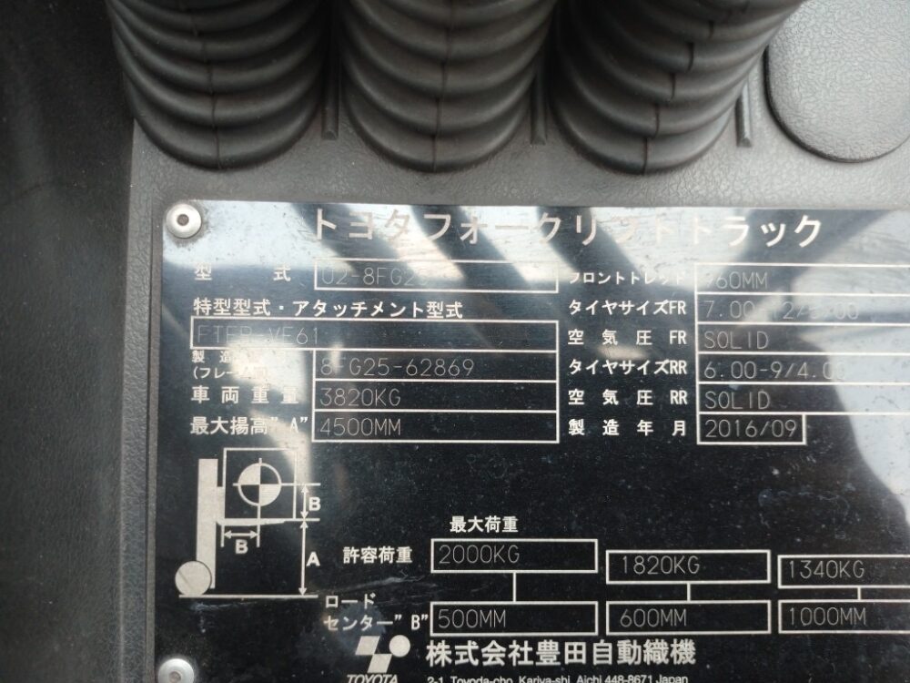 フォークリフト 2.5トン ハイマスト サイドシフト AT SOLID TIRE ガソリン車 TOYOTA 中古建設機械 写真7（株式会社広建機）
