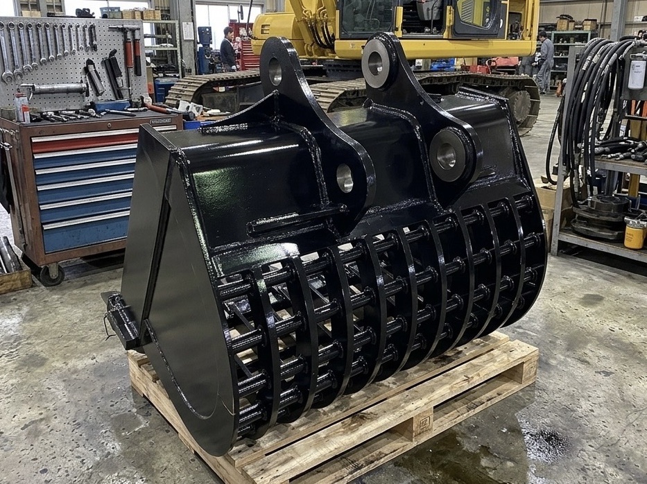 0.7m3用スケルトンバケット 横ピン 新品 100 × 100 mm 網目サイズ 数パターンから選択可能 他クラス有り 中古建設機械 写真3（株式会社広建機）